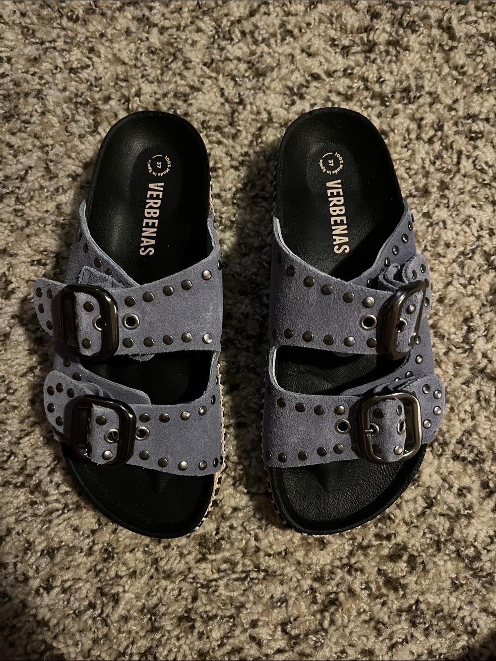 Verbenas Studded Double-Buckle Slide Sandals in Light Gray